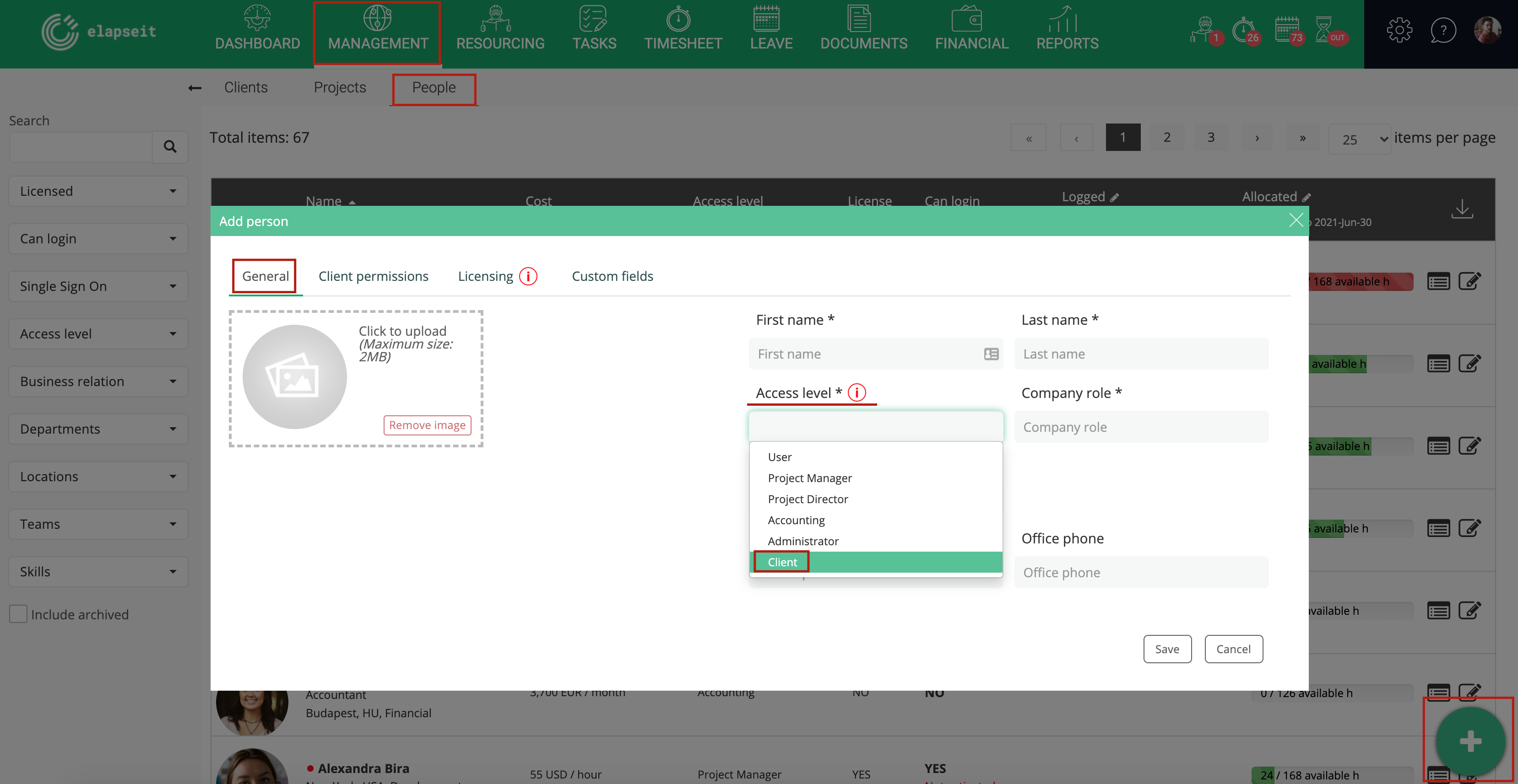 Client access level from People