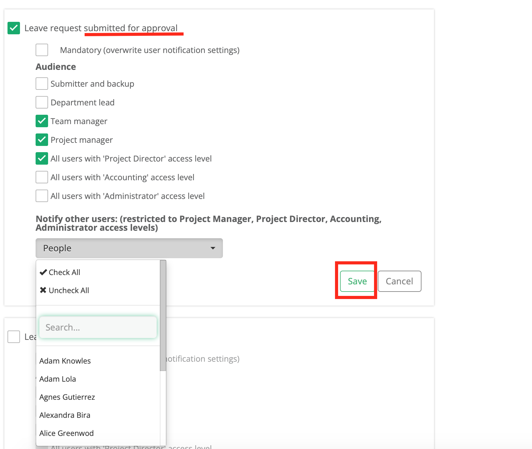 Leave submitted for approval setting