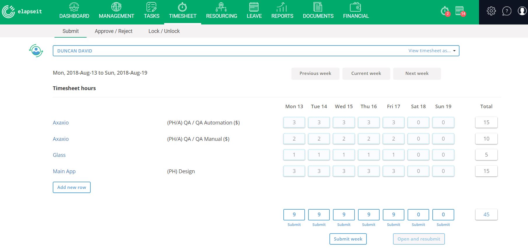 Timesheet automatically fills in when person is allocated on projects