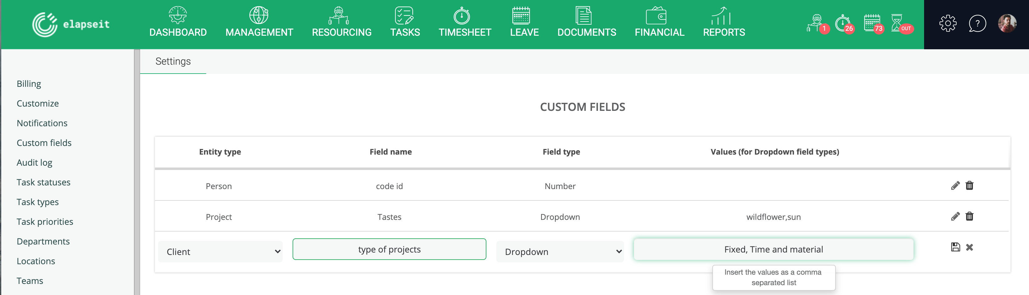 Type of Custom fields for Client