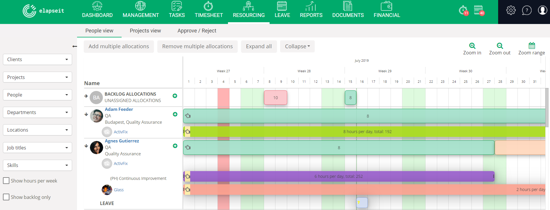 View of the allocation type in planner