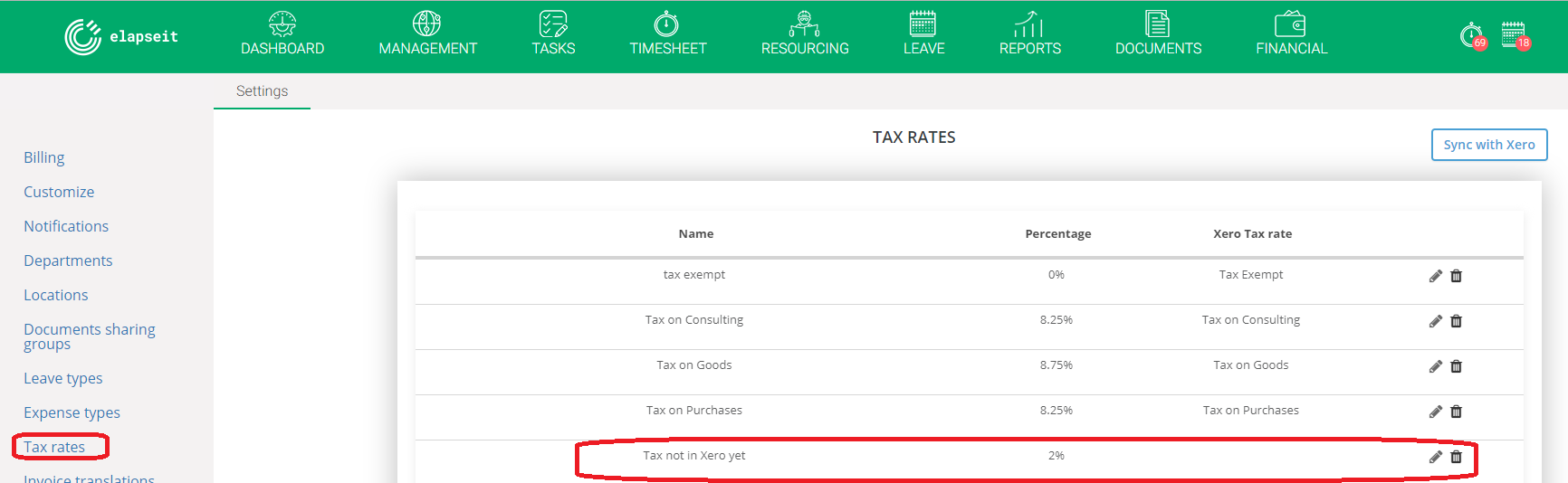 Tax rates in elapseit and Xero