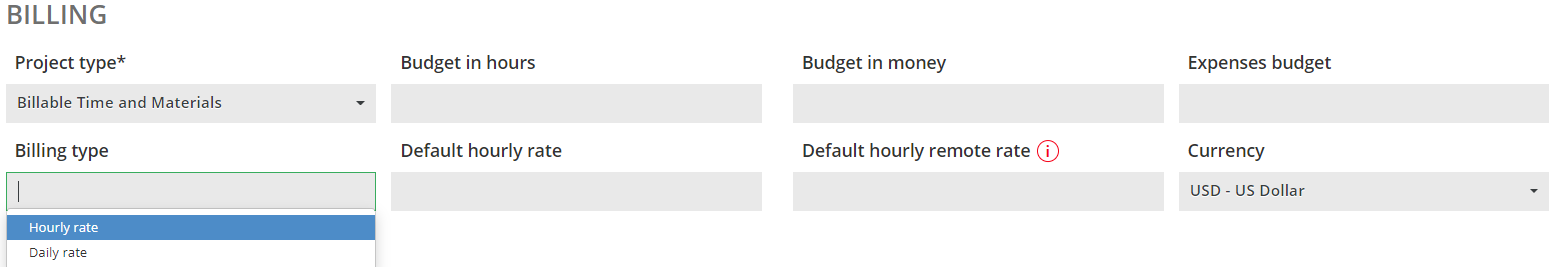 Billing information on project