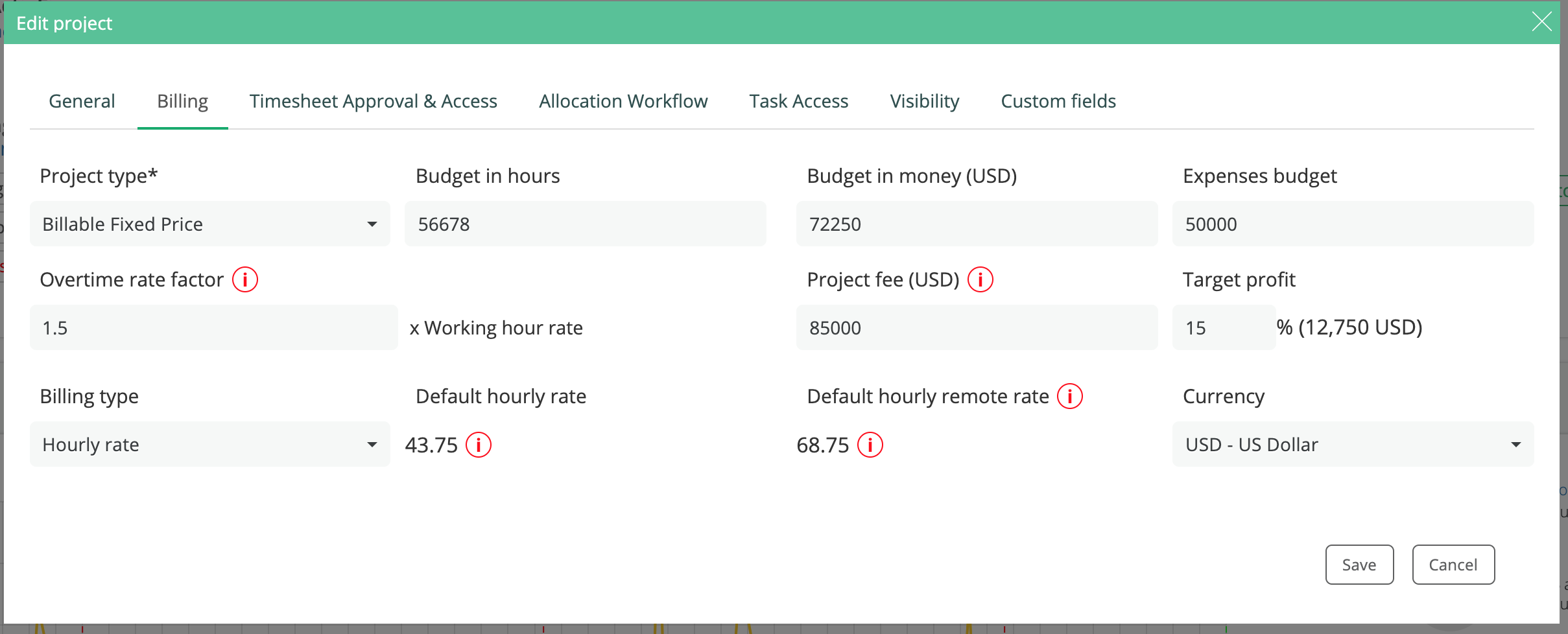 Billing settings in projects