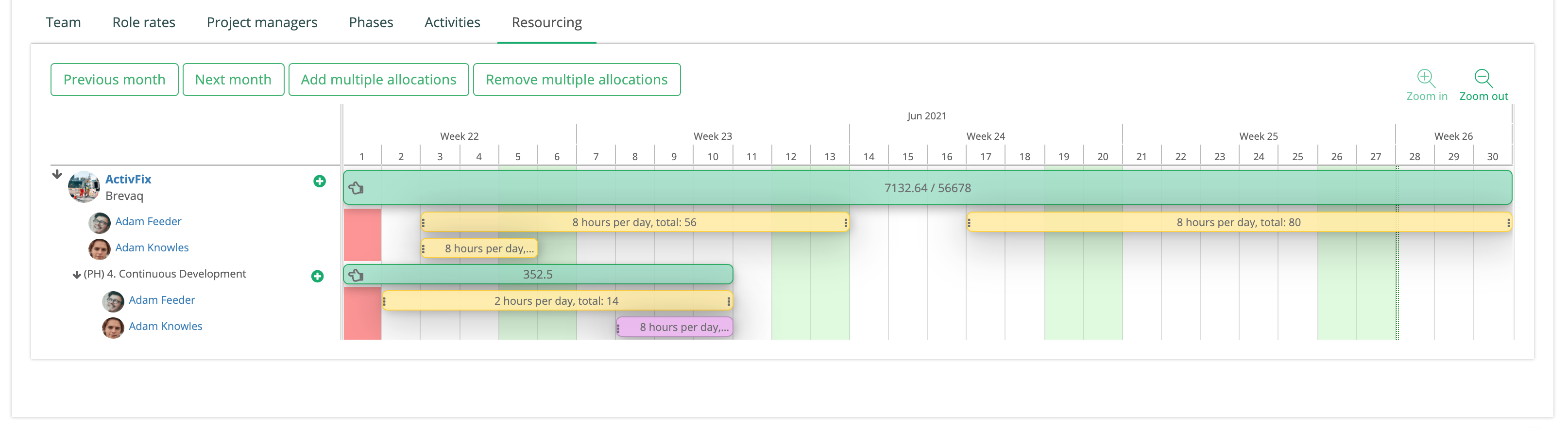 Resourcing planner in project view